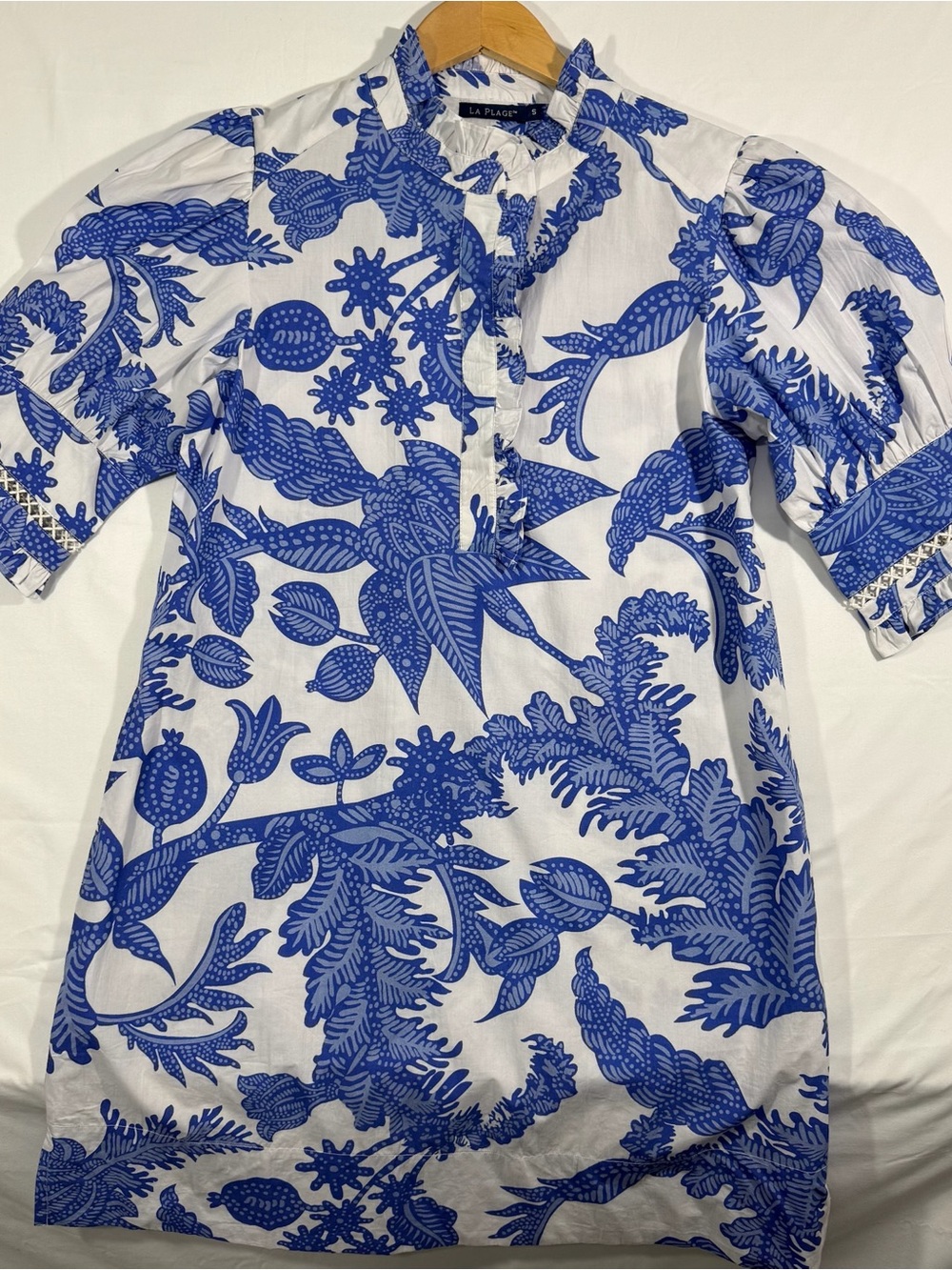 La Plage White Tunic with Blue Botanical Print